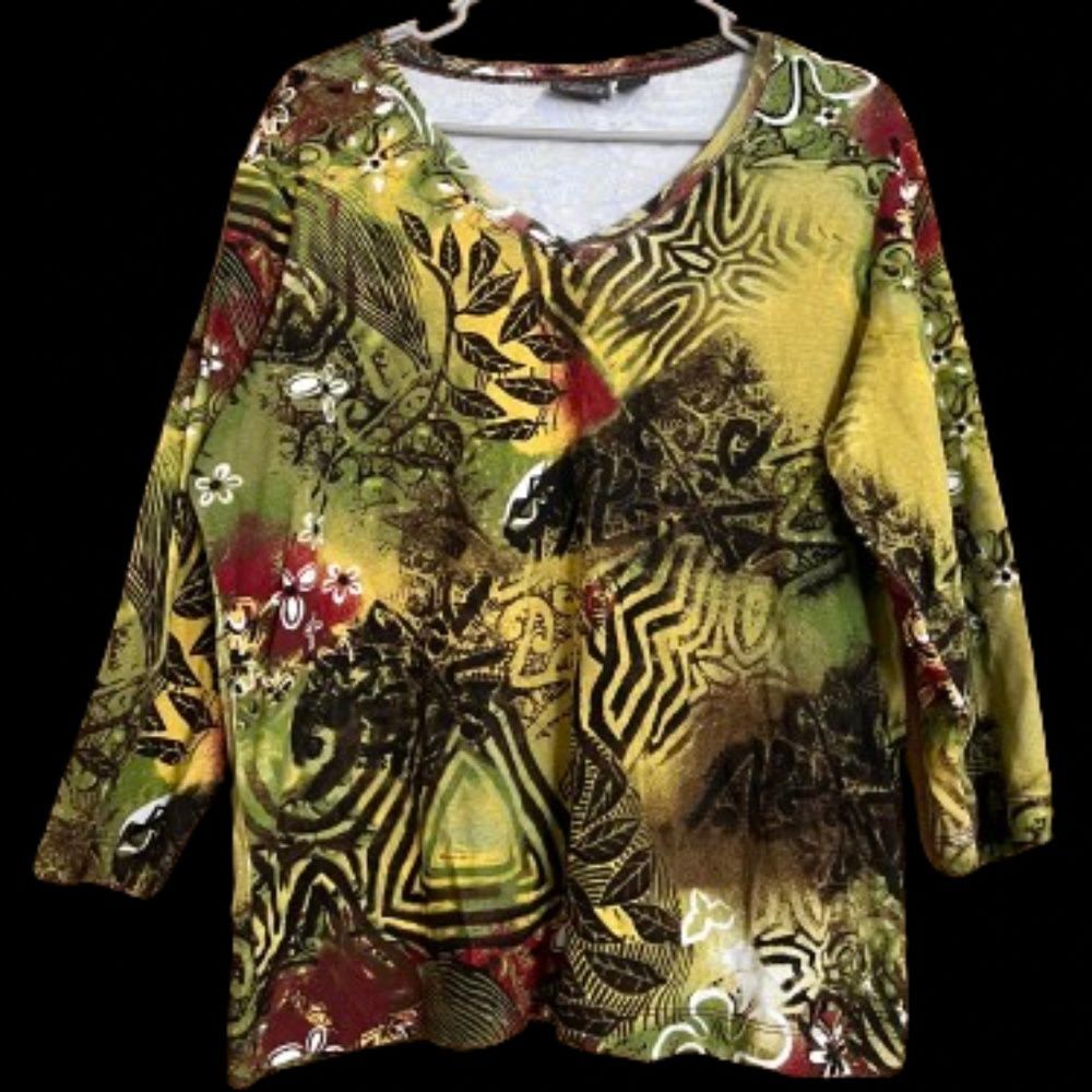 Chico’s Women’s Green Multi Floral/Garden Themed Print 3/4 Sleeve Shirt Sz-XL